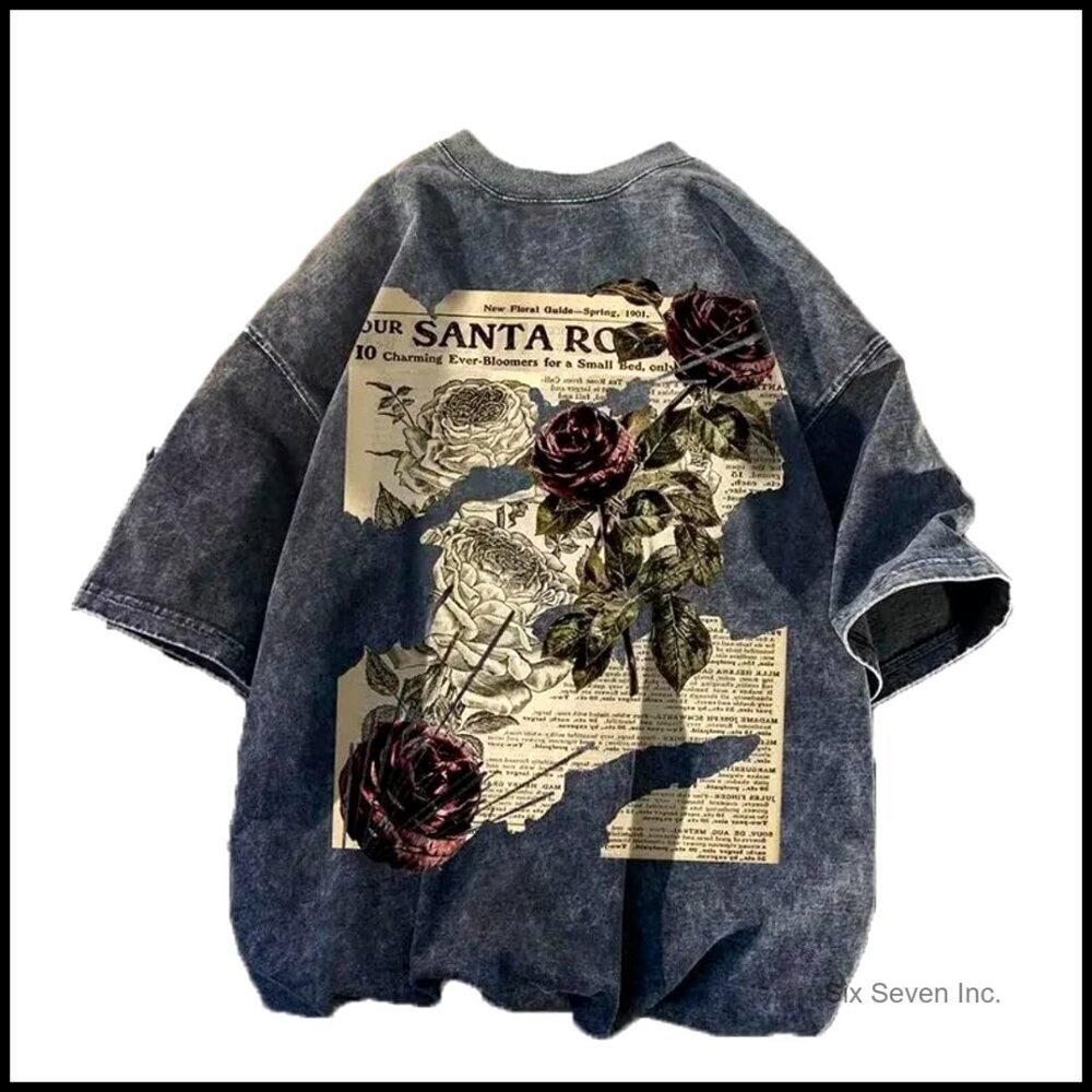 Oversized Graphic Tee Y2K Grunge Streetwear Unisex Short Sleeve Rose Print - Picture 4 of 7